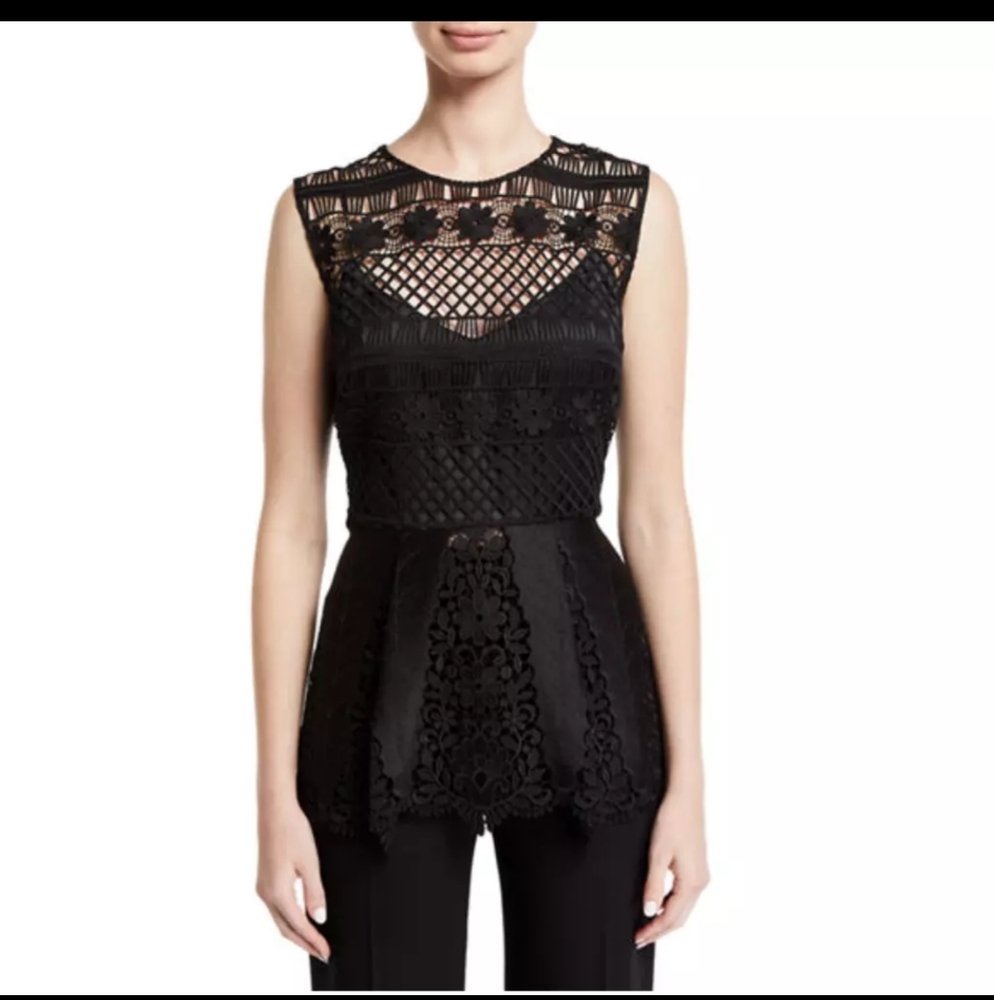 ELIE TAHARI Alessandra Floral Lace Peplum Sleeveless Blouse in Black Size 6 - Picture 2 of 13